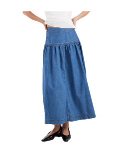 Dropped Waist Denim Maxi Skirt in Mid Blue