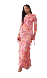 Chiffon Ruffle Maxi Dress in Pink Abstract Floral Print