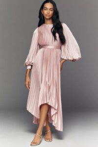 Mac Duggal Pleated Charmeuse Long-sleeve Midi Dress