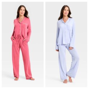 Women's Cloud Knit Long Sleeve Notch Collar Top and Pants Pajama Set - Auden™ Light Blue M