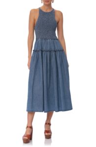 Smocked Bodice Chambray Midi Dress