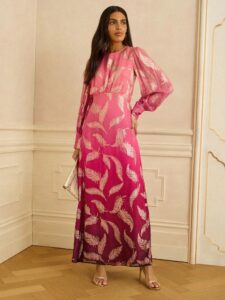 Love & Roses Pink Feather Metallic Ombre Cuffed Sleeve Maxi Dress