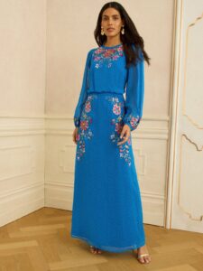 Love & Roses Cobalt Blue Floral Embroidered Crew Neck Maxi Dress