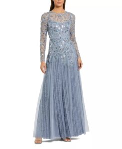Embellished Mesh Long Sleeve Ruffle Hem Gown