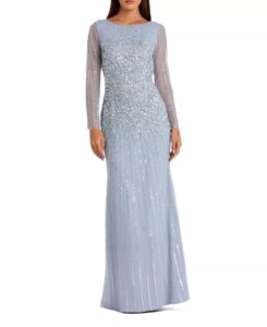 High Neck Sequin Embellished Long Sleeve a Line Gown