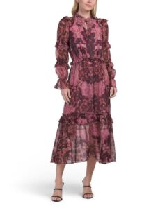Silk Blend Braided Leopard Flounce Chiffon Midi Dress