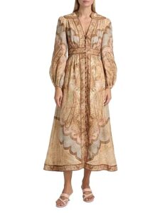 Wanderlust Printed Linen Plunge Midi-dress