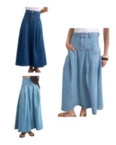Denim Pleated Yoke Maxi Skirt