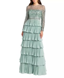 Crepe Ruffled Long Sleeve Evening Gown with Beaded Mesh Top