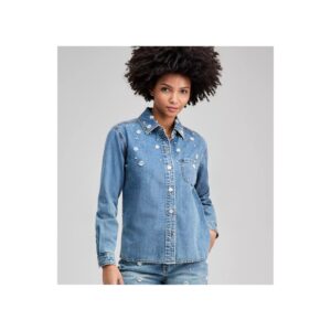 Women's Faux-pearl-embellished Jean Shirt