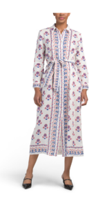 Linen Long Sleeve Button Down Shirt Dress with Belt