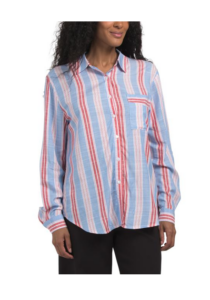 Yarn Died Slub Strip Roll Puff Button Front Shirtp