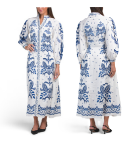 Linen Blend V-neck Button Front Dress with Print Details