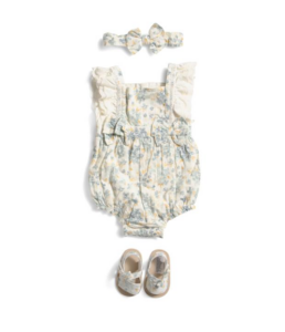 Newborn Girls Floral Printed Bubble Romper with Headband and Sandals