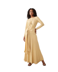 Long Sleeve Full Hem Maxi Dress with Tie Detail in Gold