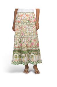 Linen Blend Printed Tiered Flared Skirt with Piped Trim