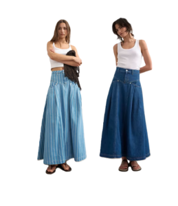 Denim Pleated Yoke Maxi Skirt