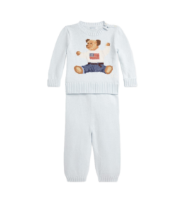 Boy's Flag Bear Intarsia Knit Sweater and Pants Set, Size 9-12m