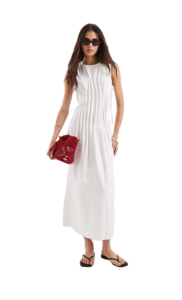 Poplin Pleated Waist Sleeveless Midaxi Dress in White