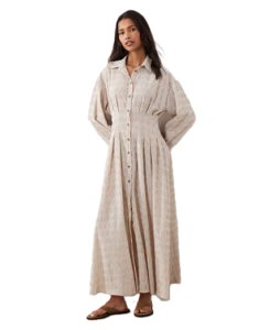 Cinched Detail Maxi Shirt Dress in Neutral Stripes