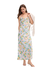 Lemon Print Cowl Neck Slip Dress in Satin