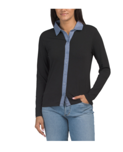 Long Sleeve Collared Button Front Mixed Media Top