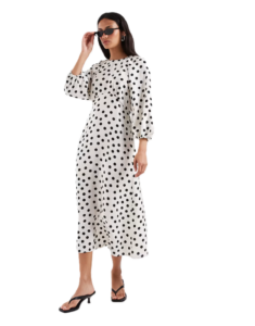 Belt Detail Maxi Dress in White Polka Dot Print