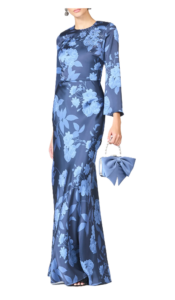 Alex Crystal Detail Floral Long Sleeve Satin Crepe Gown