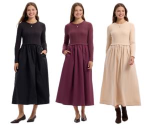 Women's Long Sleeve Woven Knit Midi Sweater Dressp