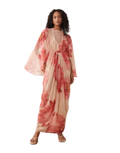 Draped Cape Bodice with Skirt and Open Back with Tassel Detail Maxi Dress in Pink Floral