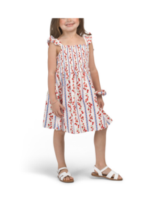 Kids Flutter Sleeve Smocked Top Strawberry Print Dress