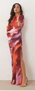 Satin Maxi Dress with Flute Sleeves in Marble Pink Print