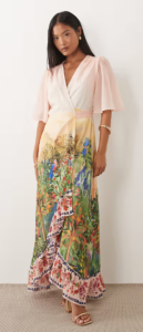 Petite Flutter Sleeve Wrap Maxi Dress in Pink Floral Border Scene