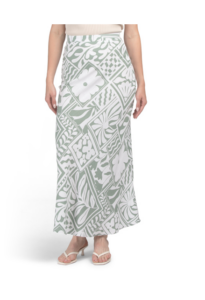 Linen Blend Floral Tile Print Midi Skirt