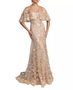 Chiffon Lace Floral Caplet Sleeve Trumpet Gown