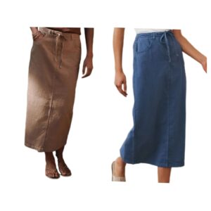 Blue Cotton Linen Blend Midi Skirt