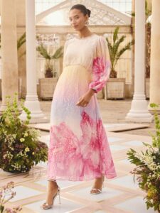 Floral Metallic Embellished Neck Long Sleeve Midi Dress