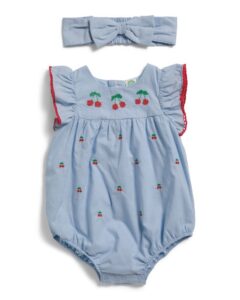 Newborn Girls Cherries Chambray Bubble Bodysuit with Headbandp