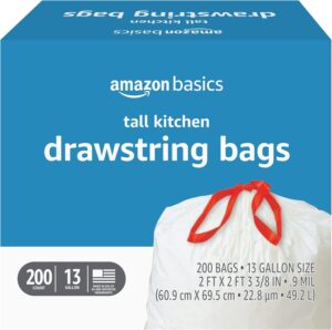 Amazon Basics Tall Kitchen Drawstring Trash Bags, Sturdy, 13 Gallon, Unscented, 200 Count