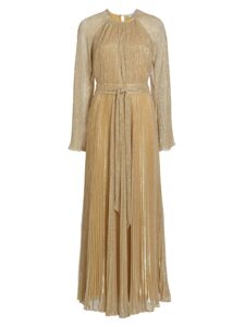 Metallic Belted Pleated Gown
