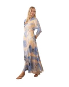 High Neck Maxi Dress with Asymmetric Waist in Blue Floral