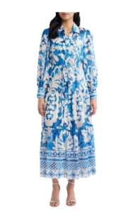 Mixed Print Long Sleeve Tiered Shirtdress