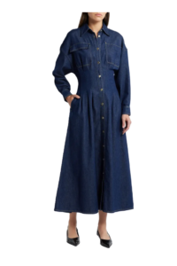 Nipped Long Sleeve Twill Maxi Dress