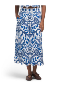 Linen Blend Printed Scalloped Hem Straight Midi Skirt