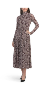Rochelle Fleur Pleated Mock Neck Dress