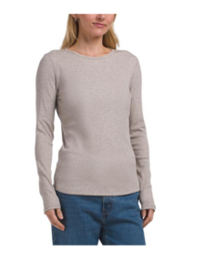 Pima Cotton Blend Long Sleeve Crew Ribbed Top