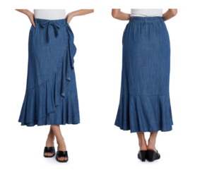 Ruffle Faux Wrap Denim Midi Skirt