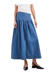 Dropped Waist Denim Maxi Skirt in Mid Blue