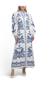 Linen Blend Split Neck Button Front Dress