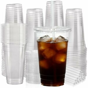100 Pack 24 Oz Clear Plastic Cups with Lids and Straws